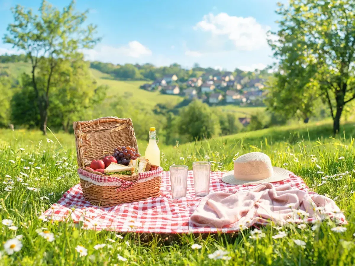 Piknik na kocu w słonecznej łące za miastem, kosz z przekąskami, lemoniada i kapelusz tworzą relaksującą atmosferę