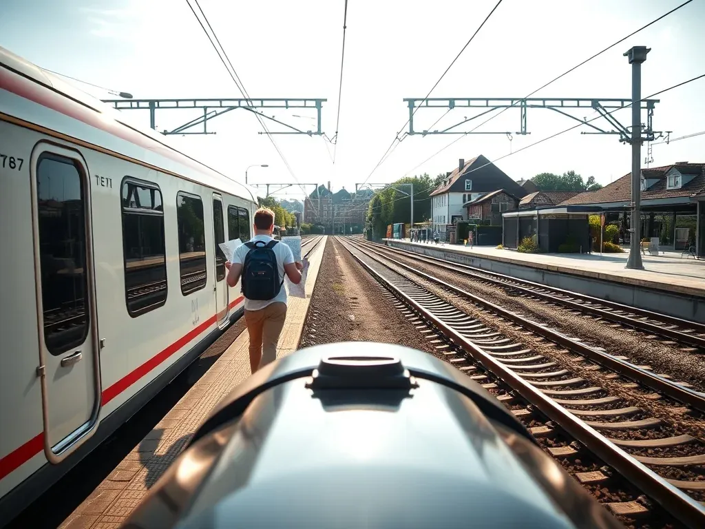 Podróżnik z plecakiem sprawdza mapę na peronie małej europejskiej stacji, przed nowoczesnym pociągiem.