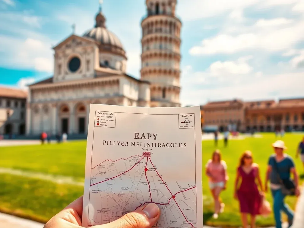 Podróżnik trzyma papierową mapę Pizy na tle Krzywej Wieży i Piazza dei Miracoli w słoneczny dzień.